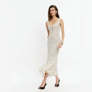 Reformation Cream Midi Dress with Black Polka Dots
